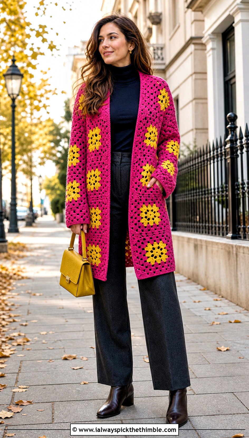 Coat Style Pink Granny Square Cardigan With Wool Trousers - 25 pink granny square cardigan outfit ideas