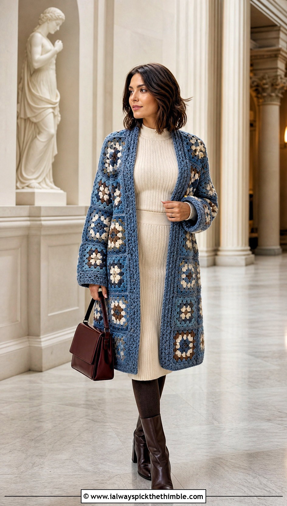Coatigan Continuous Granny Square Cardigan With A Knit Set - 20 continuous granny square cardigan outfit ideas