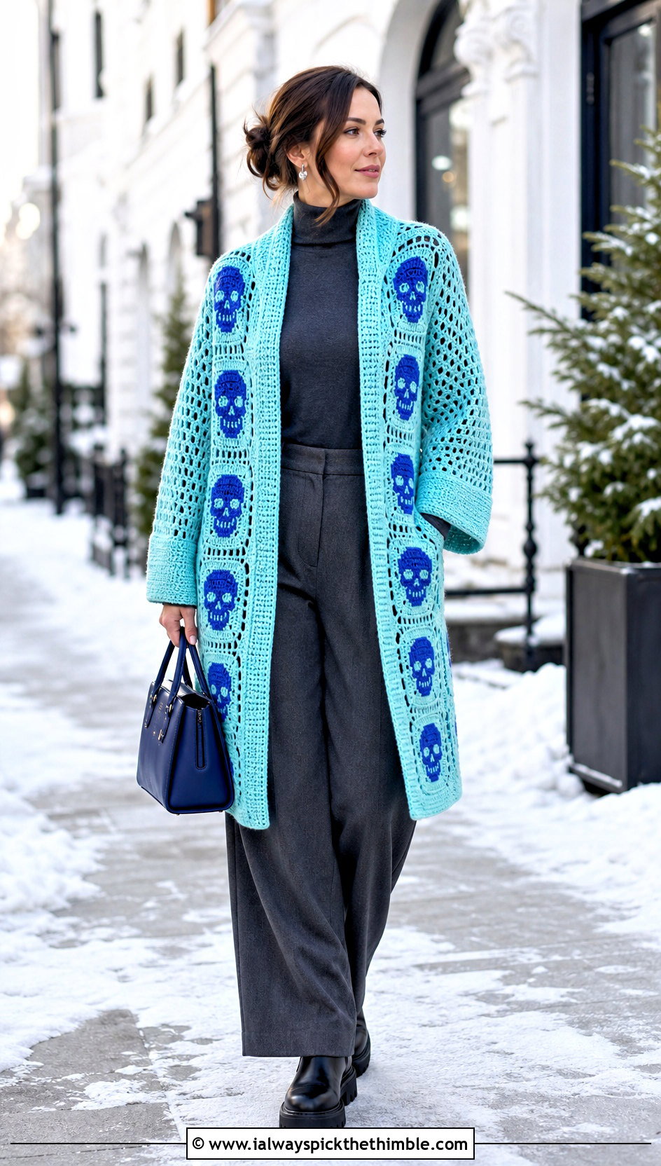 Coatigan Crochet Skull Granny Square Cardigan With Wool Trousers - 20 crochet skull granny square cardigan outfit ideas