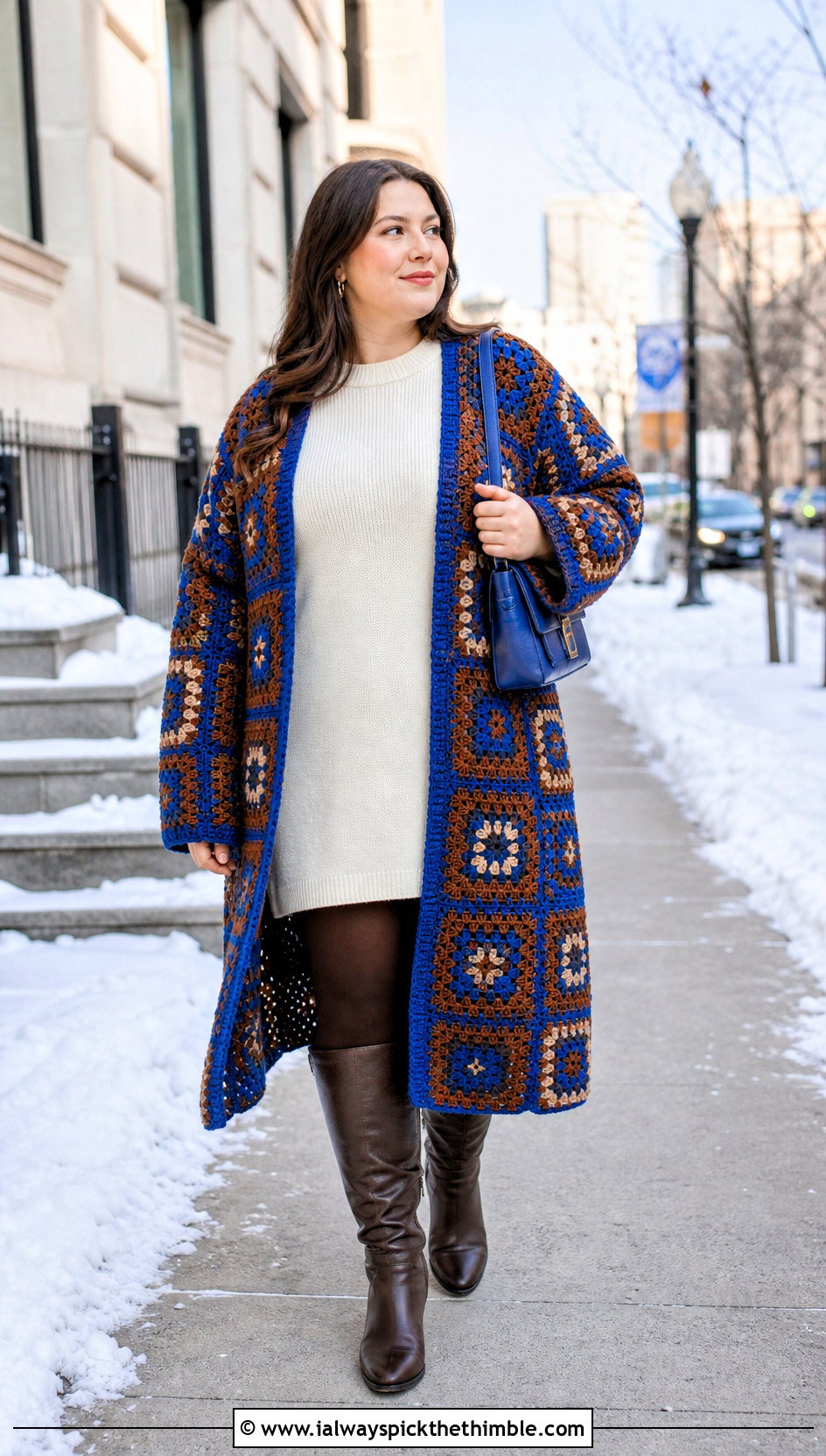 Coatigan Granny Square Cardigan With Sweater Dress - 20 plus size crochet granny square cardigan outfit ideas