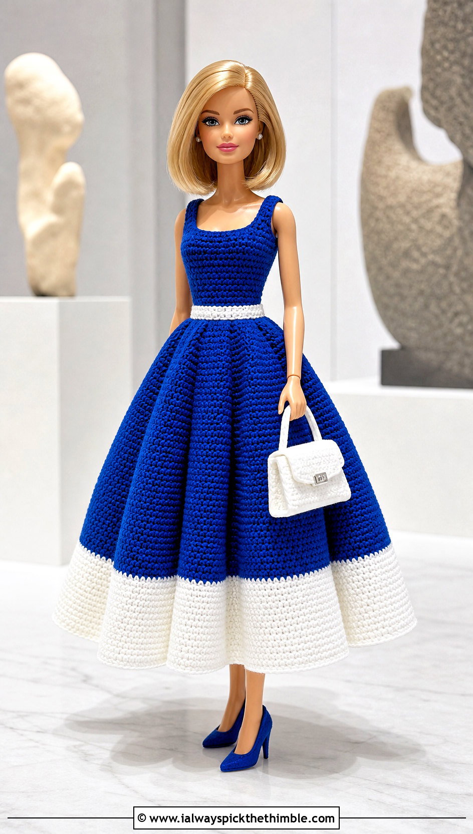 Cobalt And White Color Block Crochet Barbie Ball Gown - 20 crochet barbie ball gowns outfit ideas