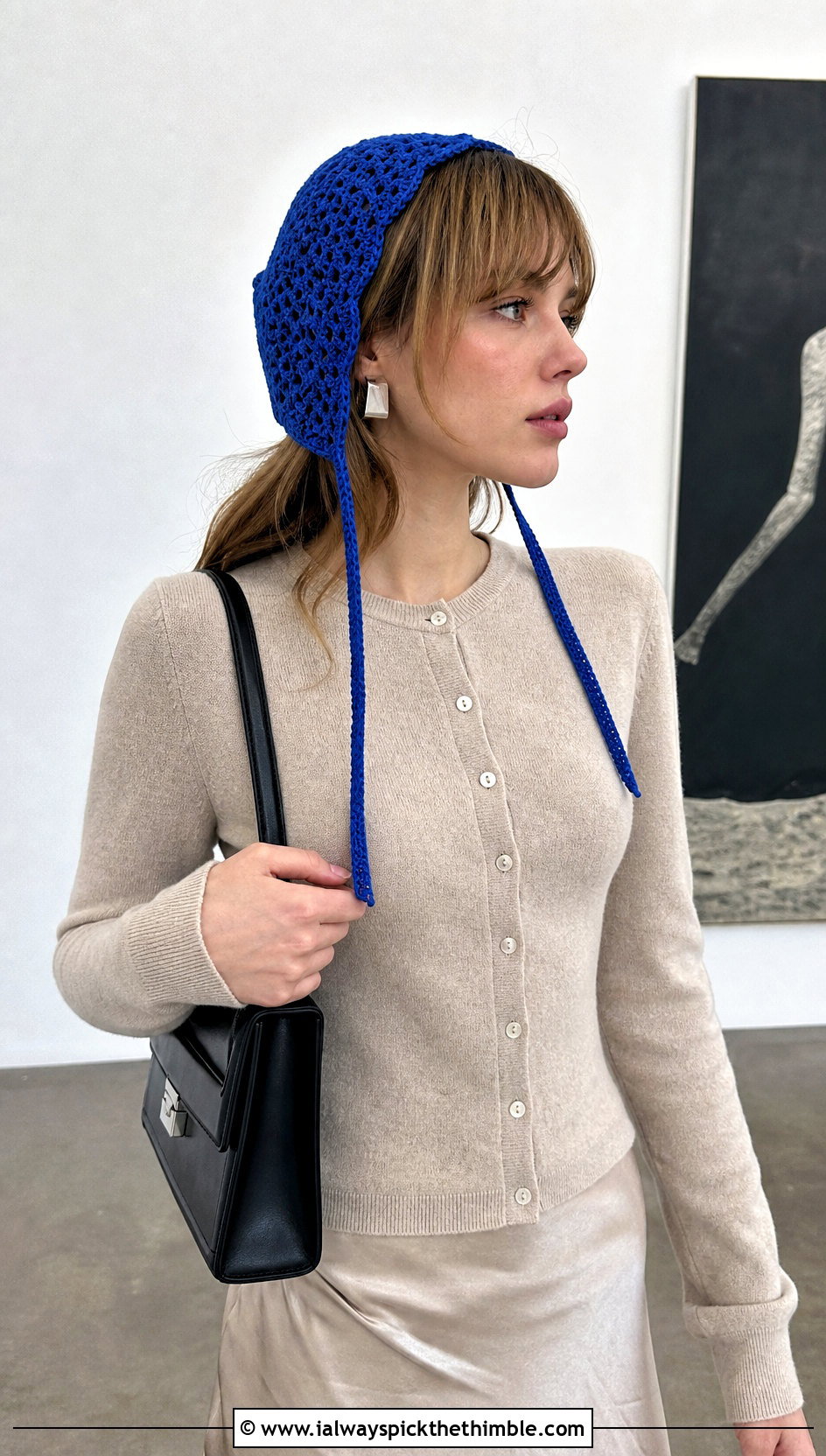 Cobalt Crochet Bonnet With Cardigan And Satin Skirt - 25 Blue Crochet Hat outfit ideas