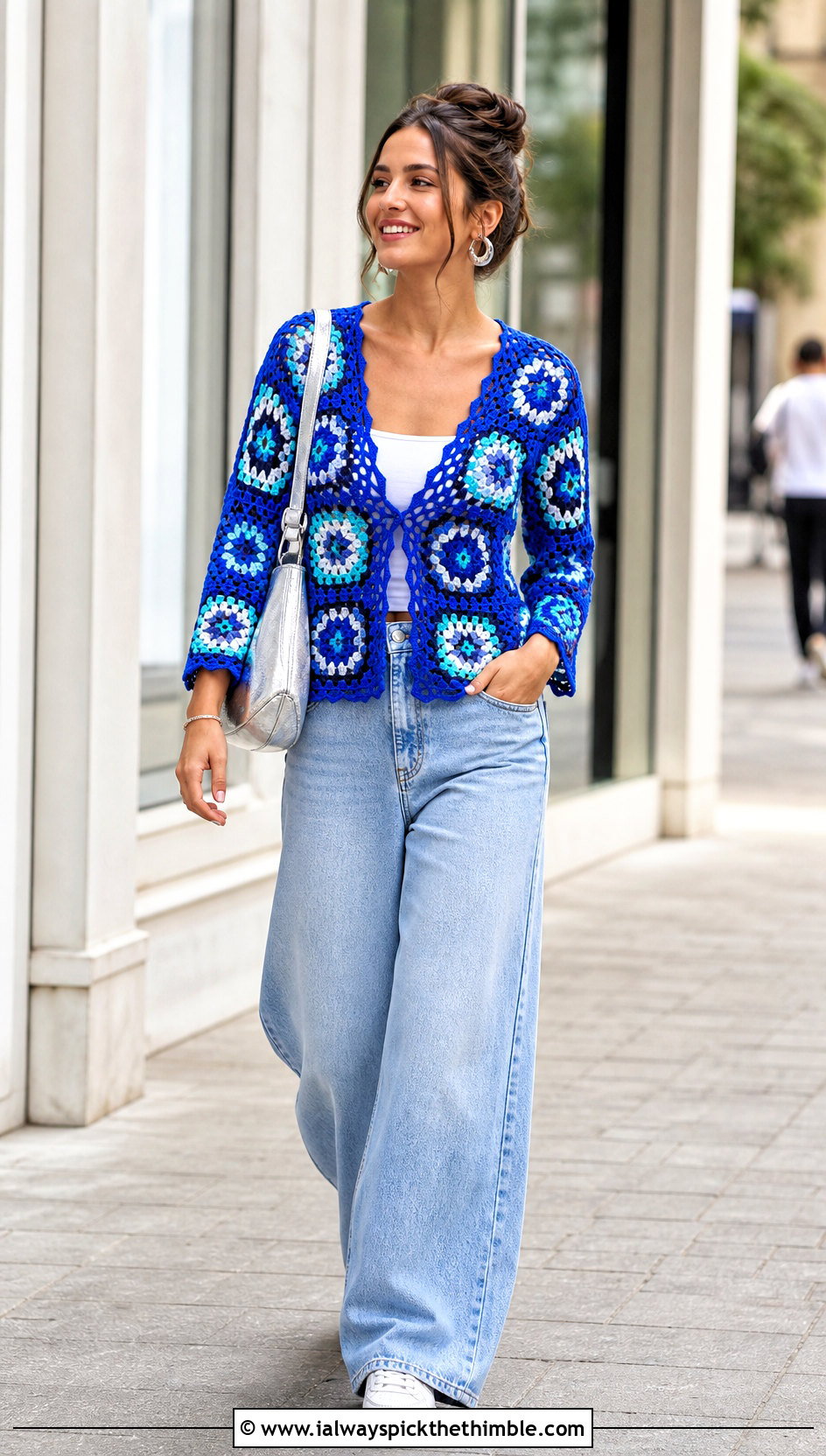 Cobalt Granny Square Crochet Blouse With Wide Leg Jeans - 15 Blue Crochet Blouse Design outfit ideas