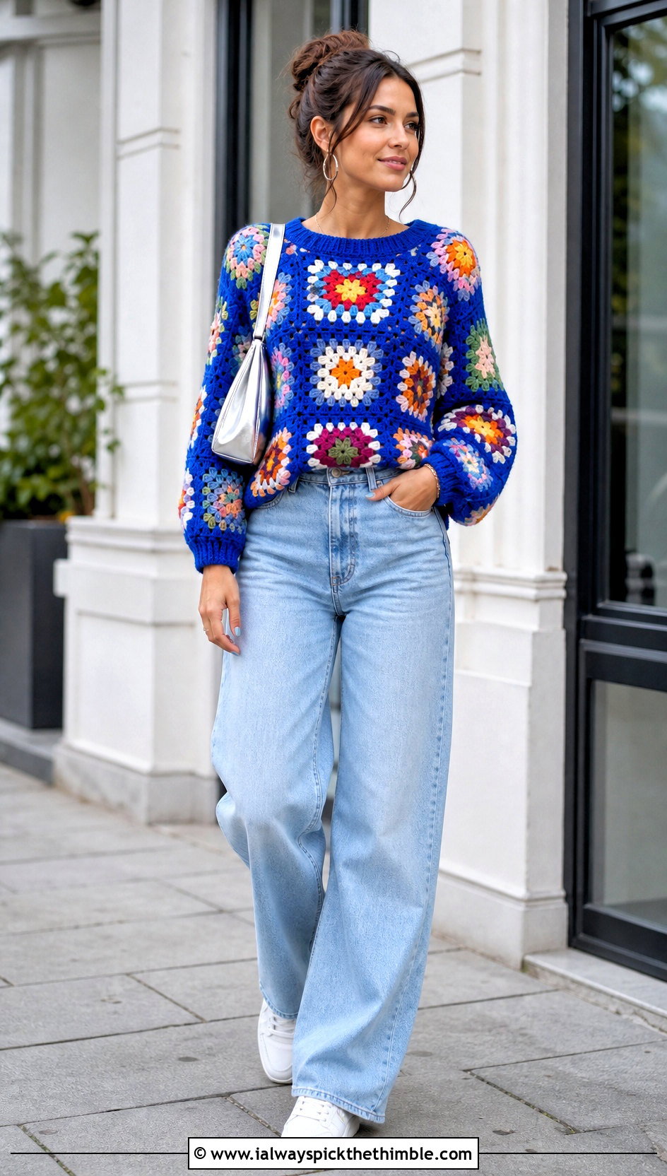 Cobalt Granny Square Crochet Sweater With Wide Leg Jeans - 15 bright crochet sweater design outfit ideas