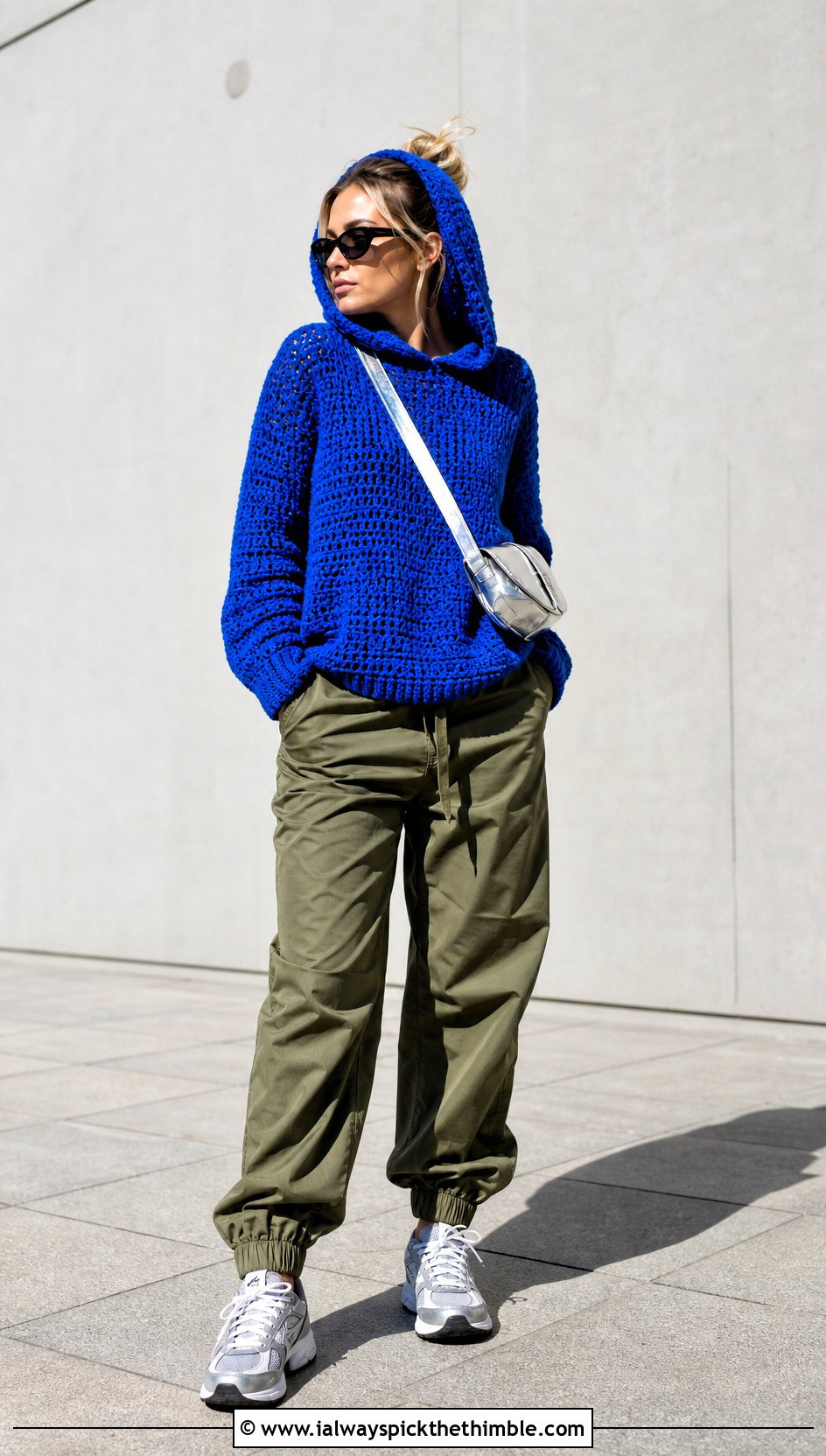 Cobalt Hooded Crochet Sweater With Parachute Pants - 25 blue crochet sweater outfit ideas