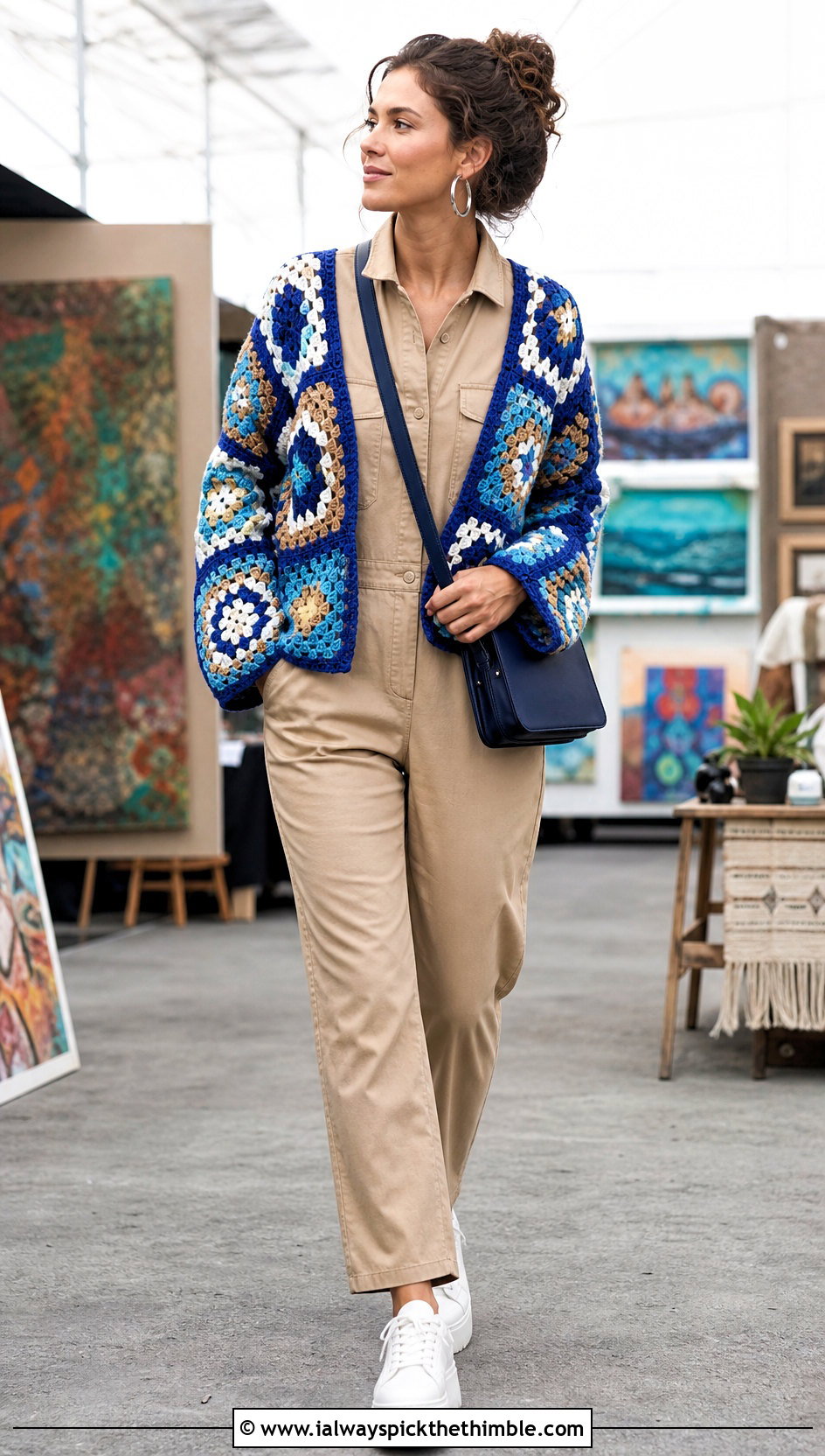 Cobalt Mixed Motif Granny Square Cardigan With Utility Jumpsuit - 20 blue granny square cardigan outfit ideas