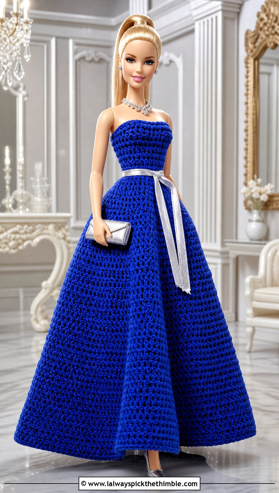 Cobalt Strapless Crochet Barbie Ball Gown - 20 crochet barbie ball gowns outfit ideas