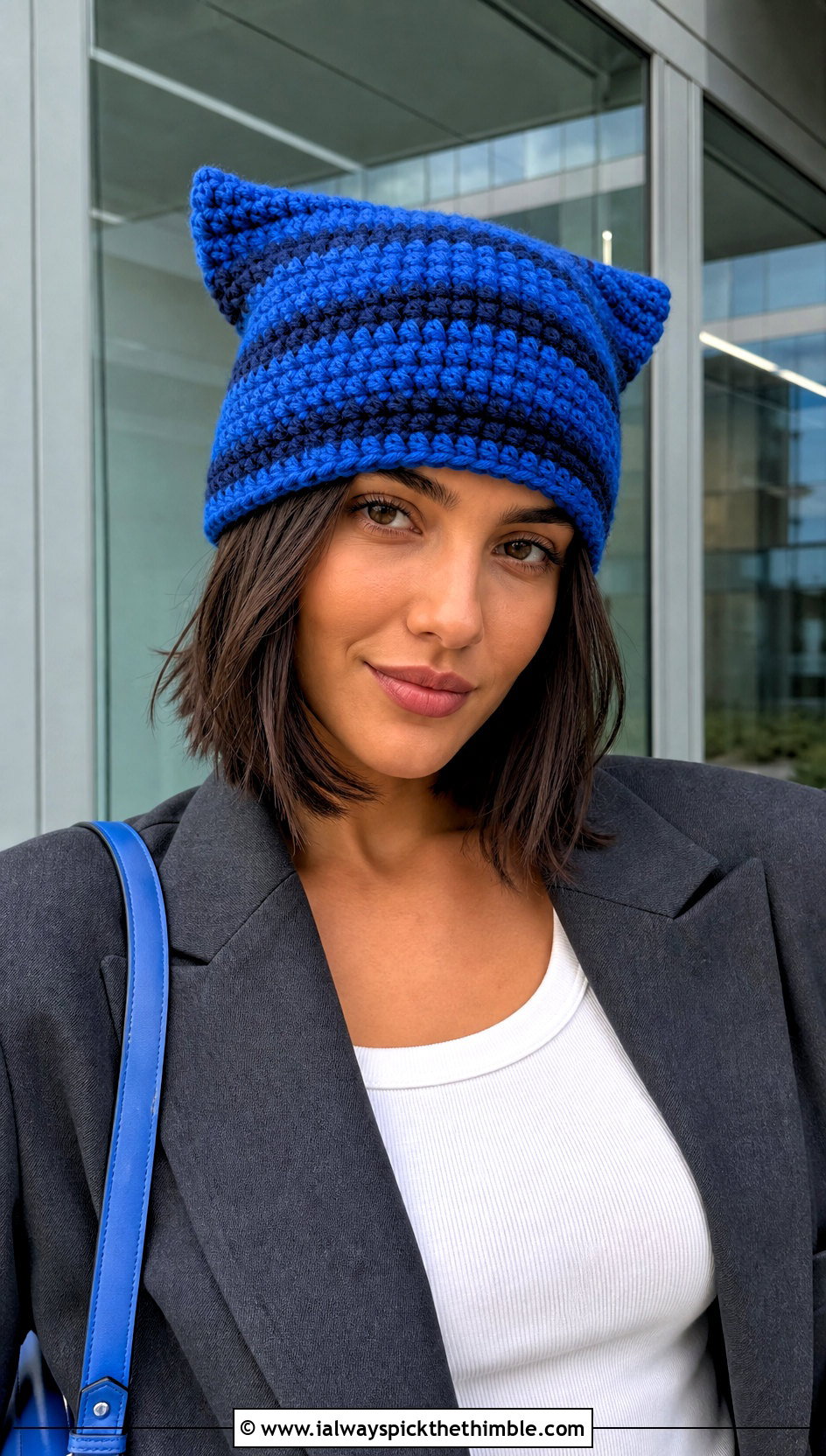 Cobalt Striped Clancy Crochet Beanie With Oversized Blazer - 20 clancy beanie crochet outfit ideas