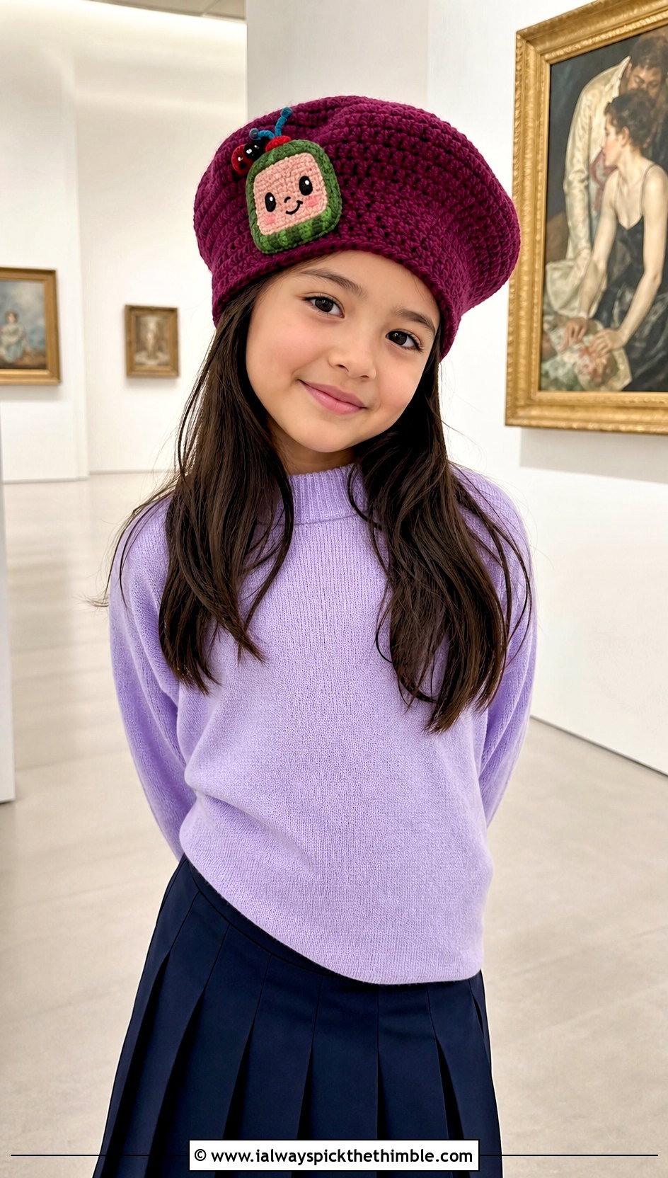 Cocomelon Crochet Beret Hat With Sweater And Pleated Skirt - 20 Cocomelon Crochet Hat outfit ideas