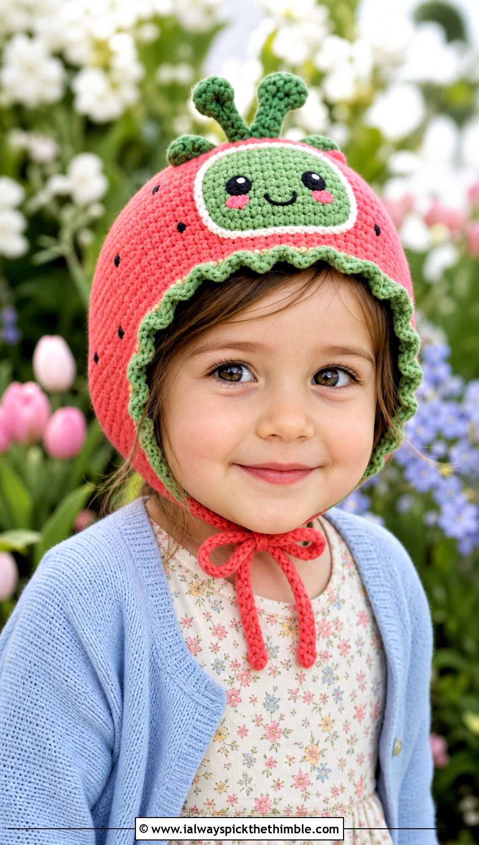 Cocomelon Crochet Bonnet Hat With Floral Dress - 20 Cocomelon Crochet Hat outfit ideas
