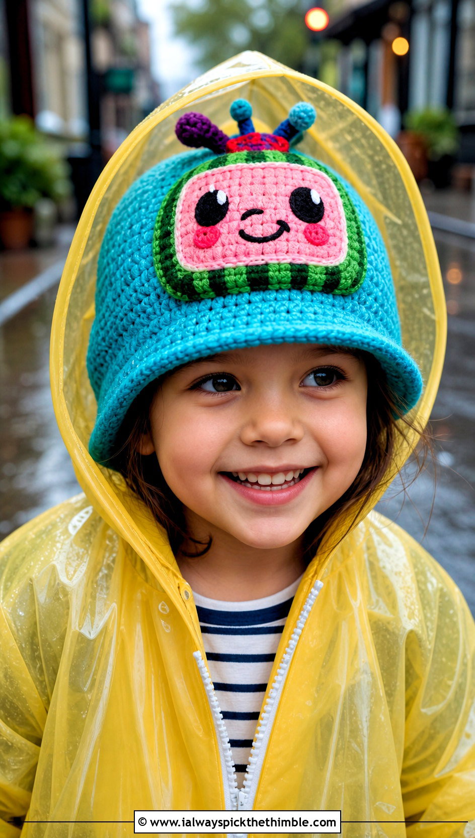 Cocomelon Crochet Brimmed Beanie With Raincoat - 20 Cocomelon Crochet Hat outfit ideas