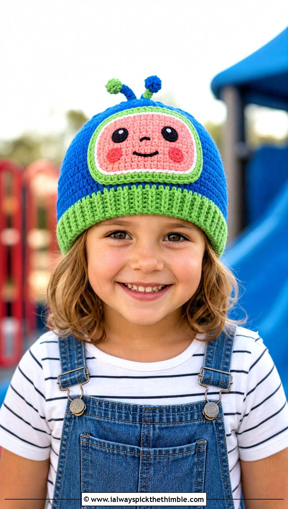 Cocomelon Crochet Classic Beanie With Denim Overalls - 20 Cocomelon Crochet Hat outfit ideas