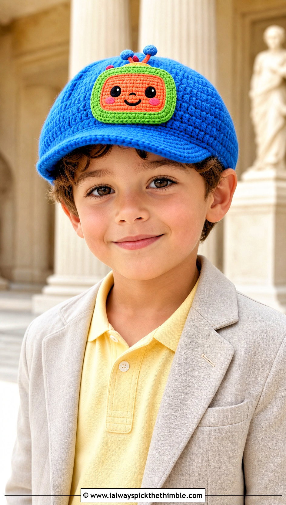 Cocomelon Crochet Newsboy Cap With Blazer And Chinos - 20 Cocomelon Crochet Hat outfit ideas
