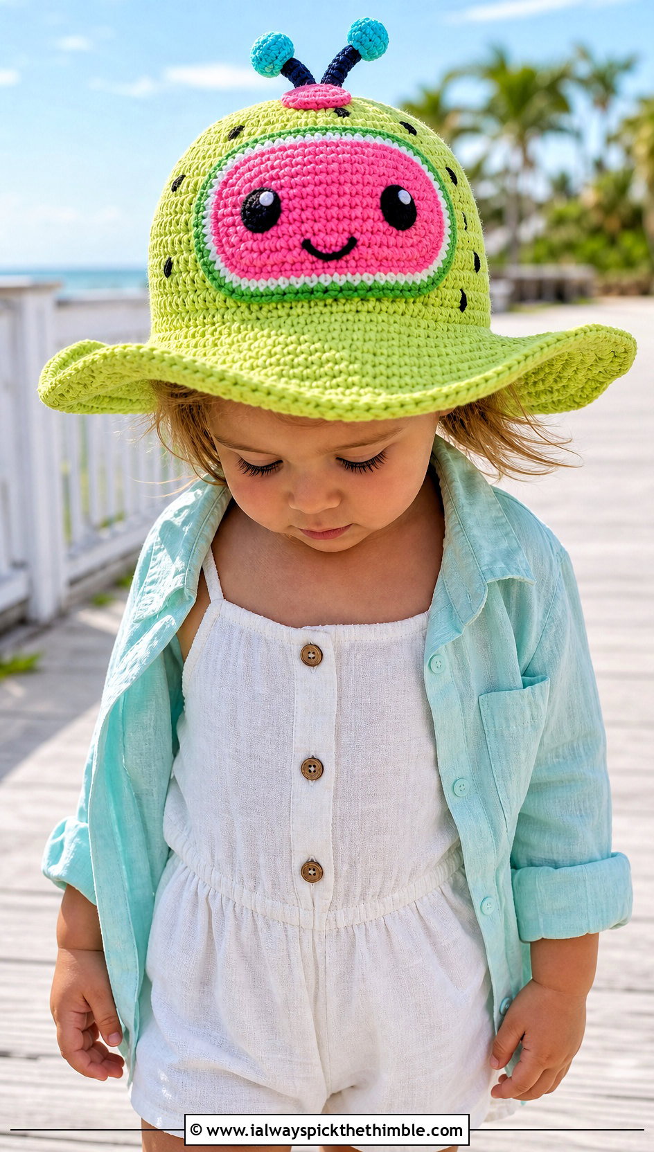 Cocomelon Crochet Sun Hat With Linen Romper - 20 Cocomelon Crochet Hat outfit ideas