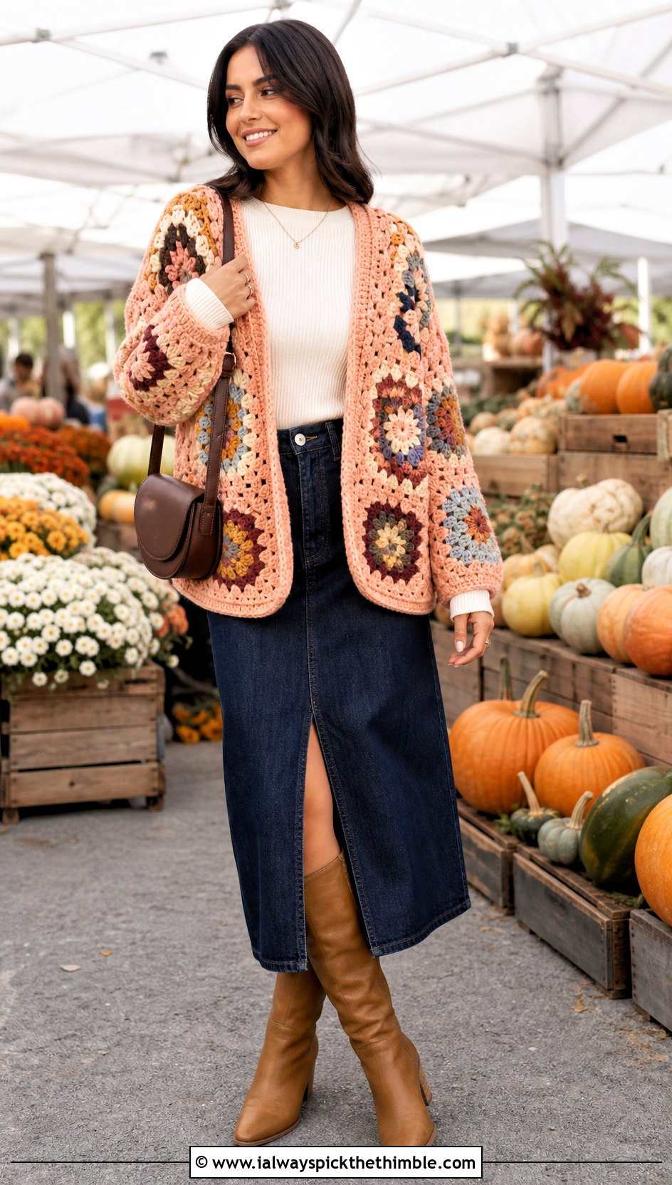 Cocoon Big Granny Square Sweater With Denim Midi Skirt - 25 big granny square sweater outfit ideas