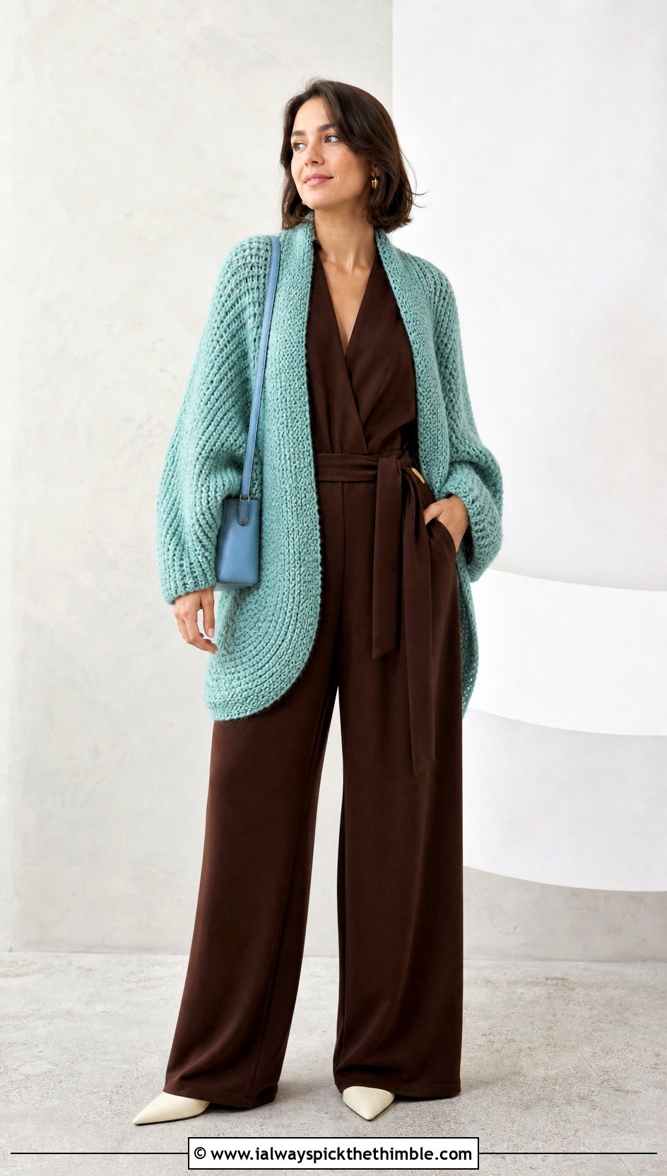 Cocoon Bulky Crochet Cardigan With Wide Leg Jumpsuit - 20 Bulky Crochet Cardigan outfit ideas