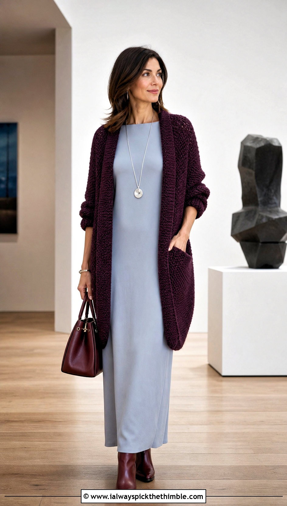 Cocoon Campfire Cardigan With Column Dress - 20 crochet campfire cardigan outfit ideas