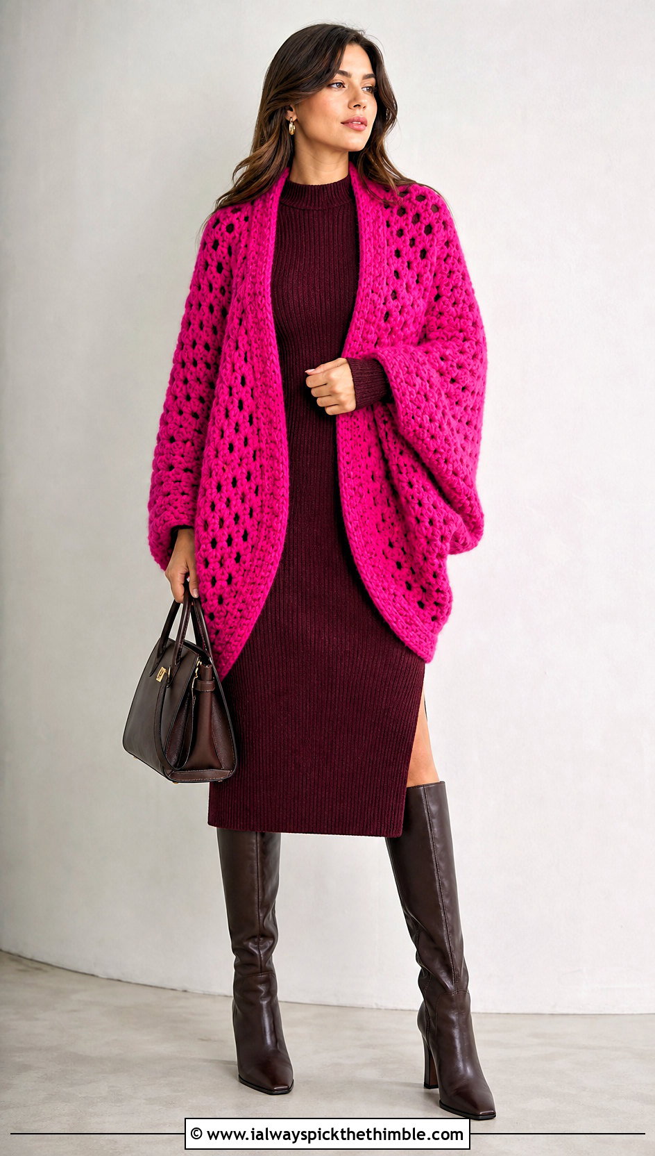 Cocoon Circle Crochet Cardigan With Ribbed Knit Dress - 20 circle crochet cardigan outfit ideas