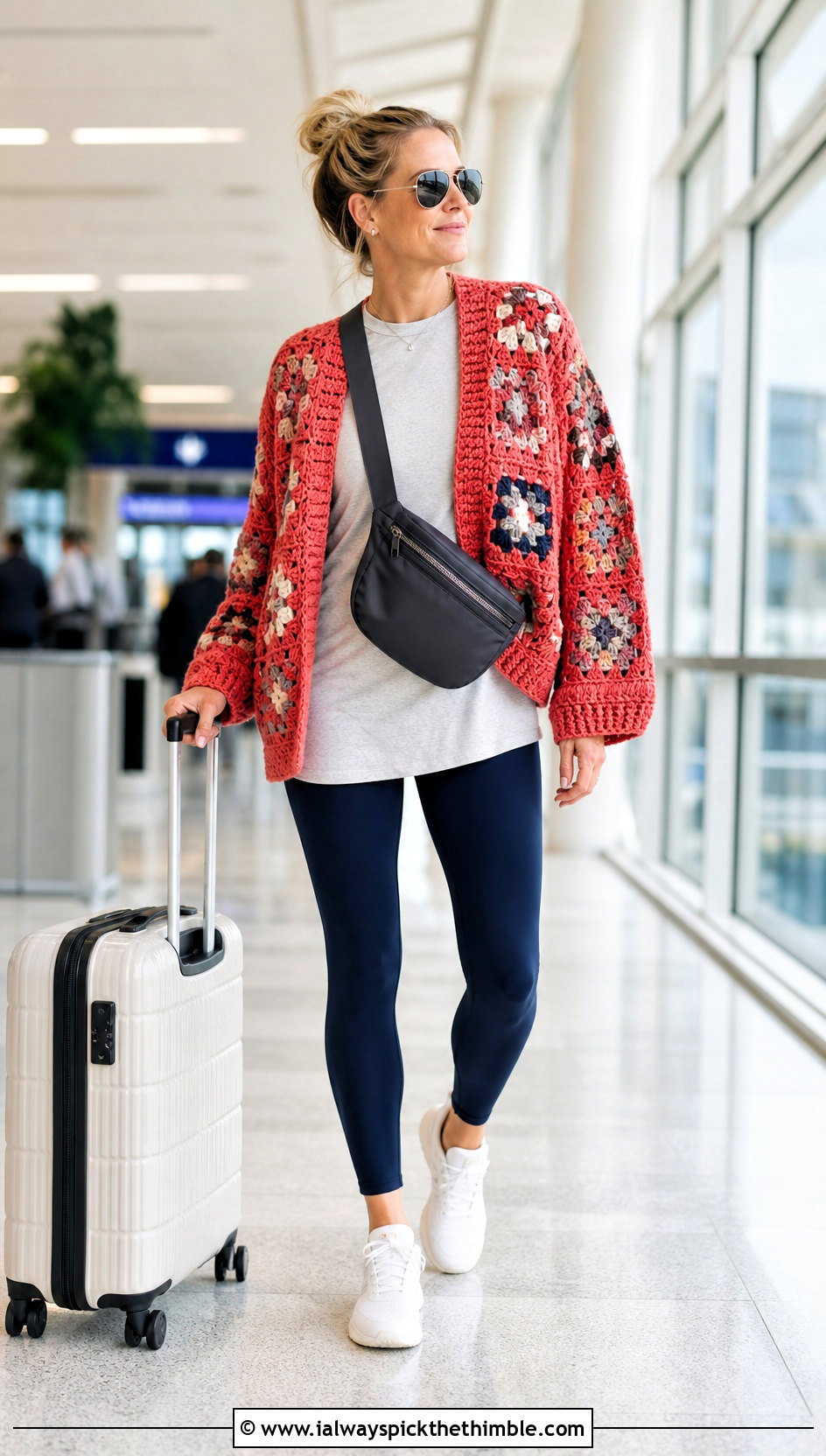 Cocoon Cotton Granny Square Cardigan With Leggings And Sneakers - 20 cotton granny square cardigan outfit ideas