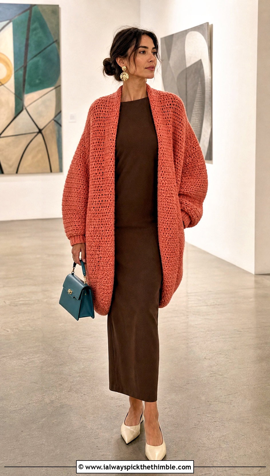 Cocoon Crochet Cardigan With Column Dress - 20 thick crochet cardigan outfit ideas
