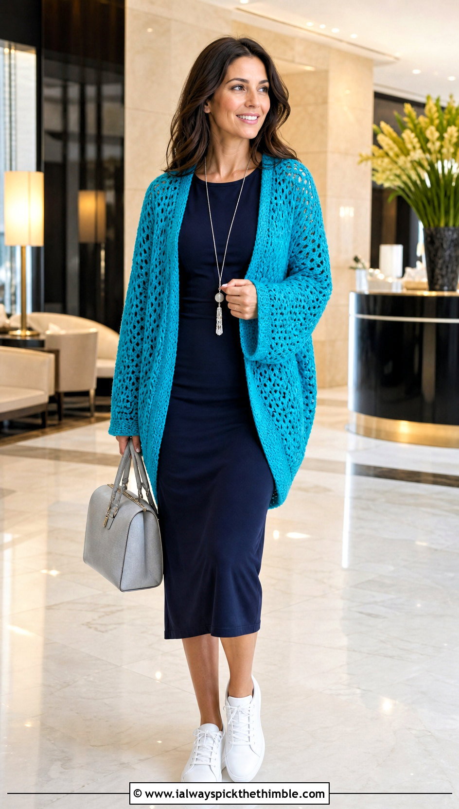 Cocoon Crochet Cardigan With Column Dress - 25 ladies crochet cardigan outfit ideas