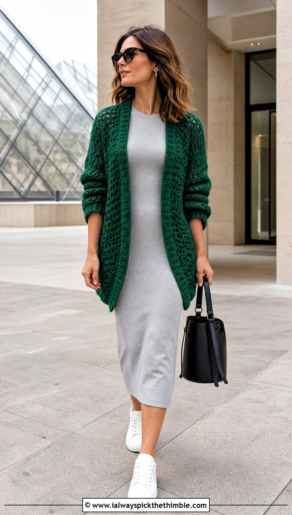Cocoon Crochet Cardigan With Column Dress And Sneakers - 20 light crochet cardigan outfit ideas