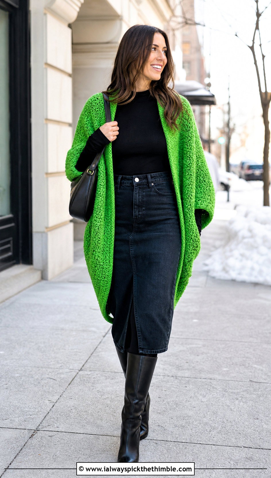 Cocoon Crochet Cardigan With Denim Midi Skirt - 20 crochet winter cardigan outfit ideas