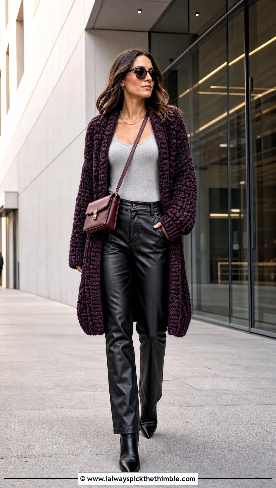 Cocoon Crochet Cardigan With Faux Leather Pants - 20 basic crochet cardigan outfit ideas