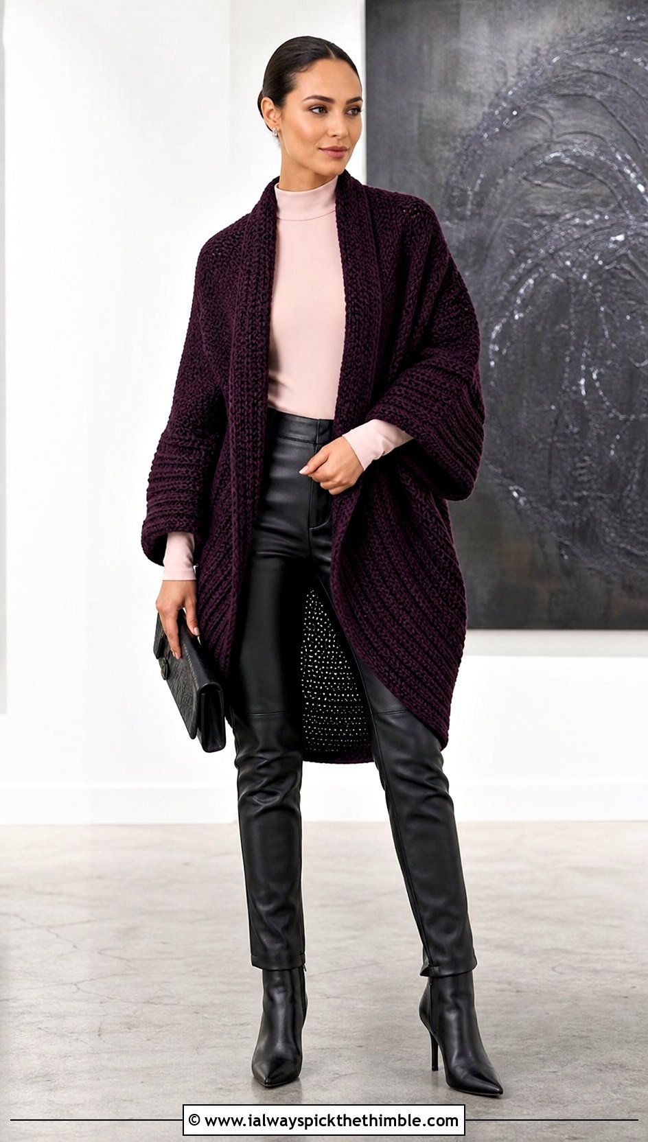 Cocoon Crochet Cardigan With Faux Leather Pants - 15 very easy crochet cardigan outfit ideas