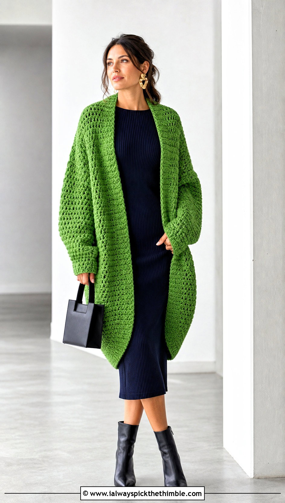 Cocoon Crochet Cardigan With Fitted Knit Dress - 20 cute crochet cardigans outfit ideas