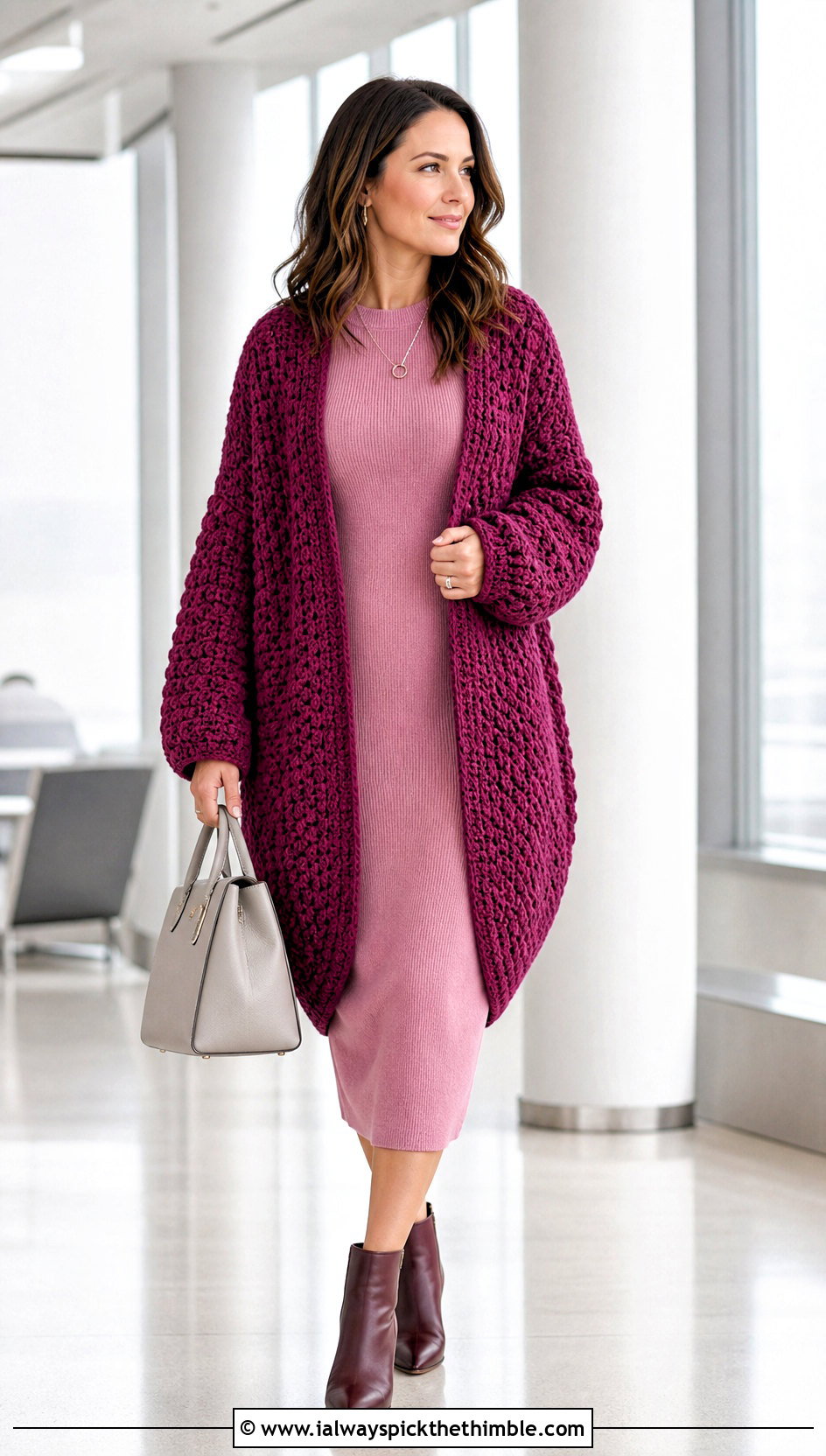 Cocoon Crochet Cardigan With Knit Column Dress - 25 crocheted cardigan outfit ideas