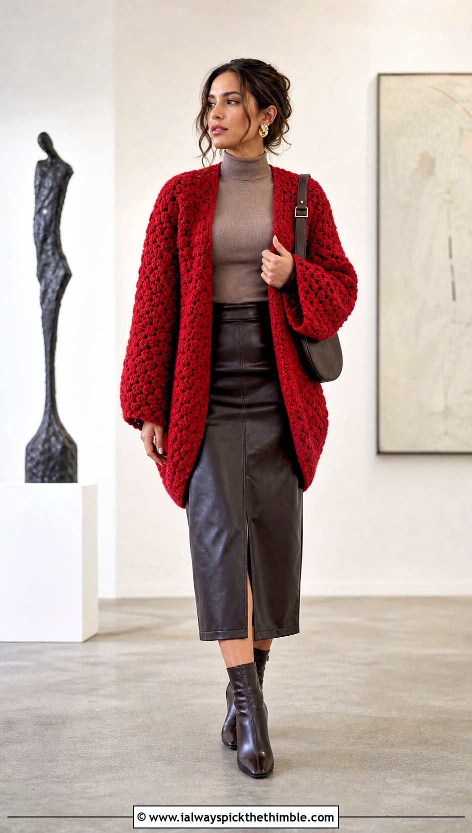 Cocoon Crochet Cardigan With Leather Midi Skirt - 20 crochet for ladies cardigans outfit ideas