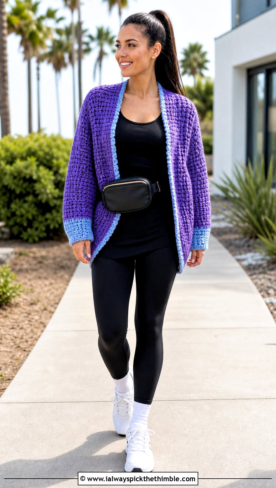 Cocoon Crochet Cardigan With Leggings And Sneakers - 15 crochet cardigan with blue accents outfit ideas