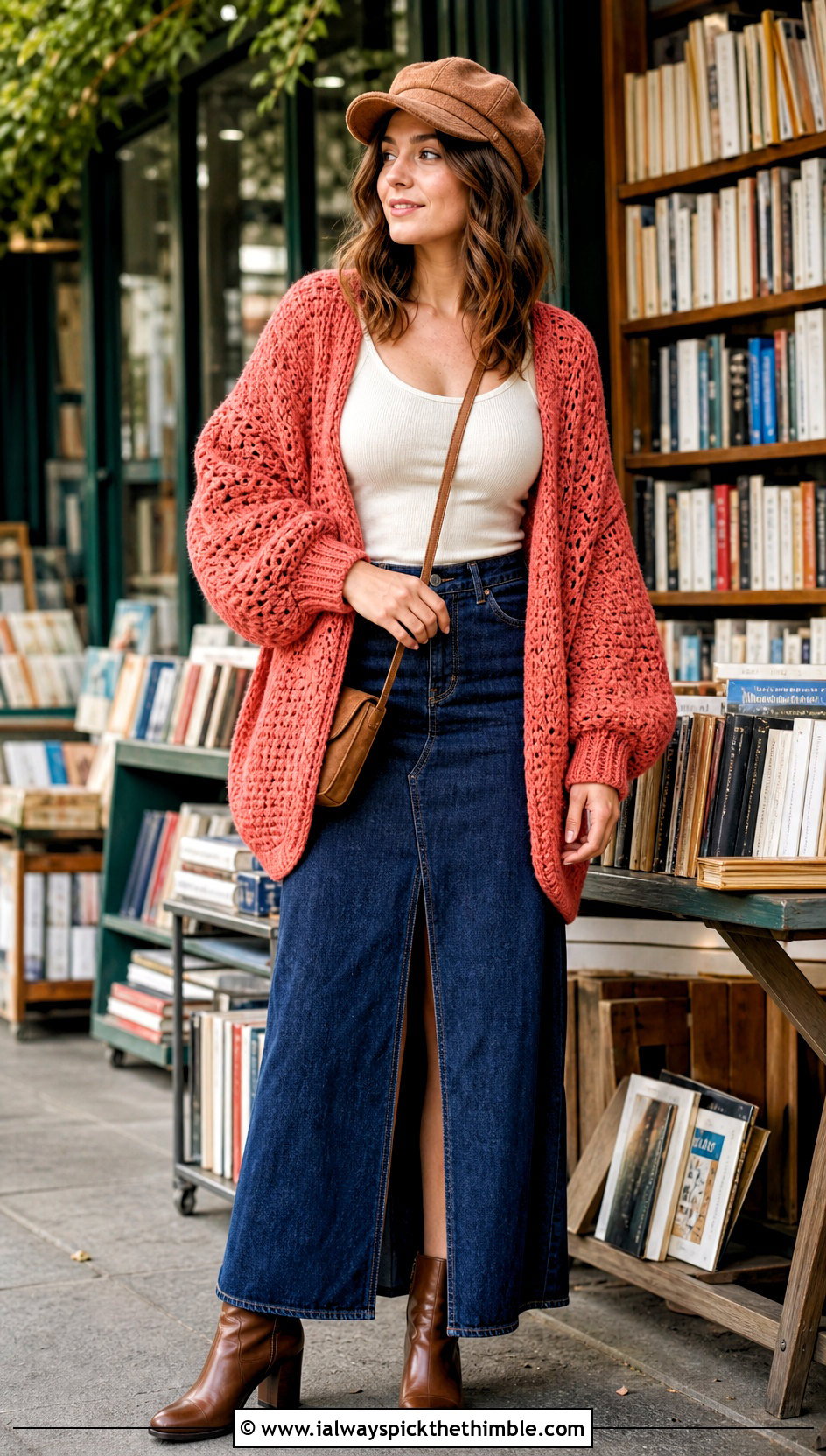 Cocoon Crochet Cardigan With Newsboy Hat and Denim Maxi Skirt - 15 Crochet Cardigan With Hat outfit ideas