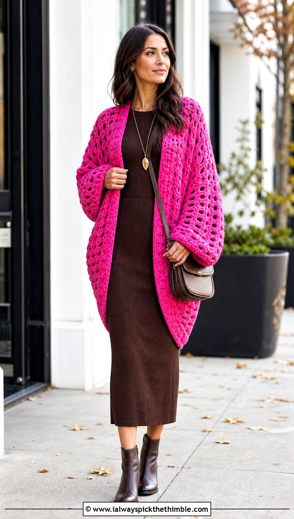 Cocoon Crochet Cardigan With Ribbed Column Dress - 25 crochet cardigan for women outfit ideas