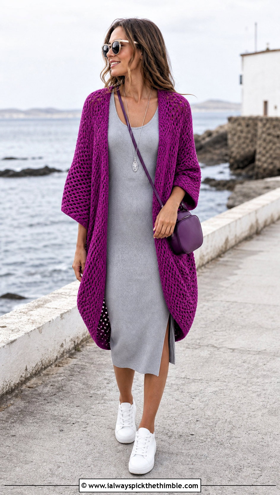 Cocoon Crochet Cardigan With Ribbed Midi Dress - 25 crochet summer cardigan outfit ideas