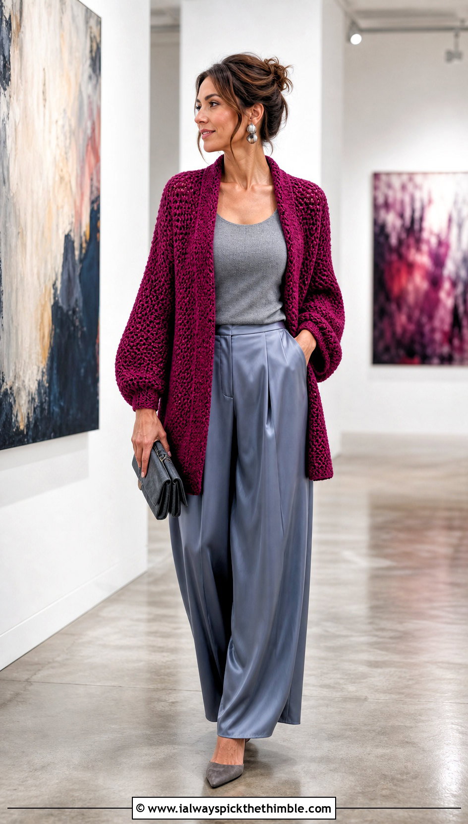 Cocoon Crochet Cardigan With Satin Pants - 20 crochet women's cardigan outfit ideas