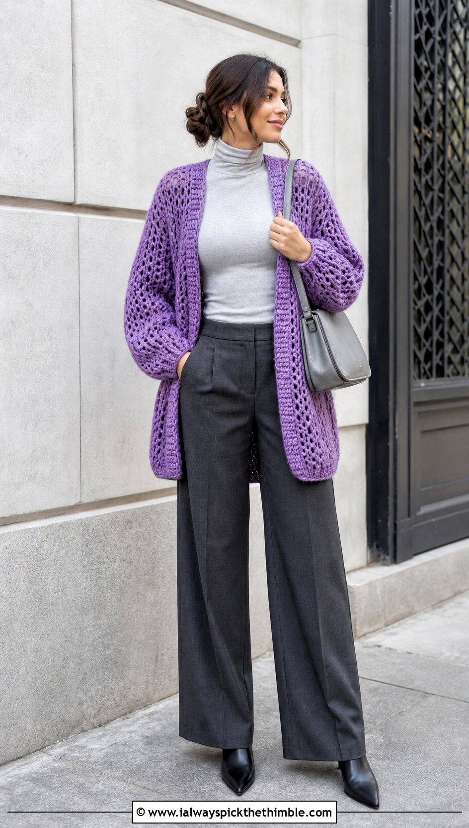 Cocoon Crochet Cardigan With Turtleneck And Wide Leg Pants - 20 Crochet Fancy Cardigan outfit ideas