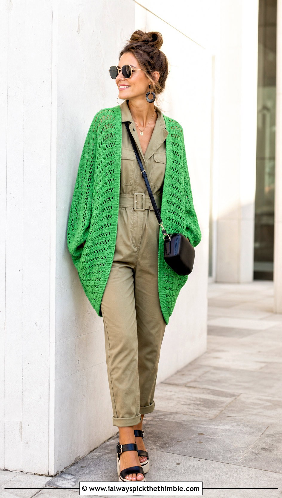 Cocoon Crochet Cardigan With Utility Jumpsuit - 15 summer crochet cardigan design outfit ideas