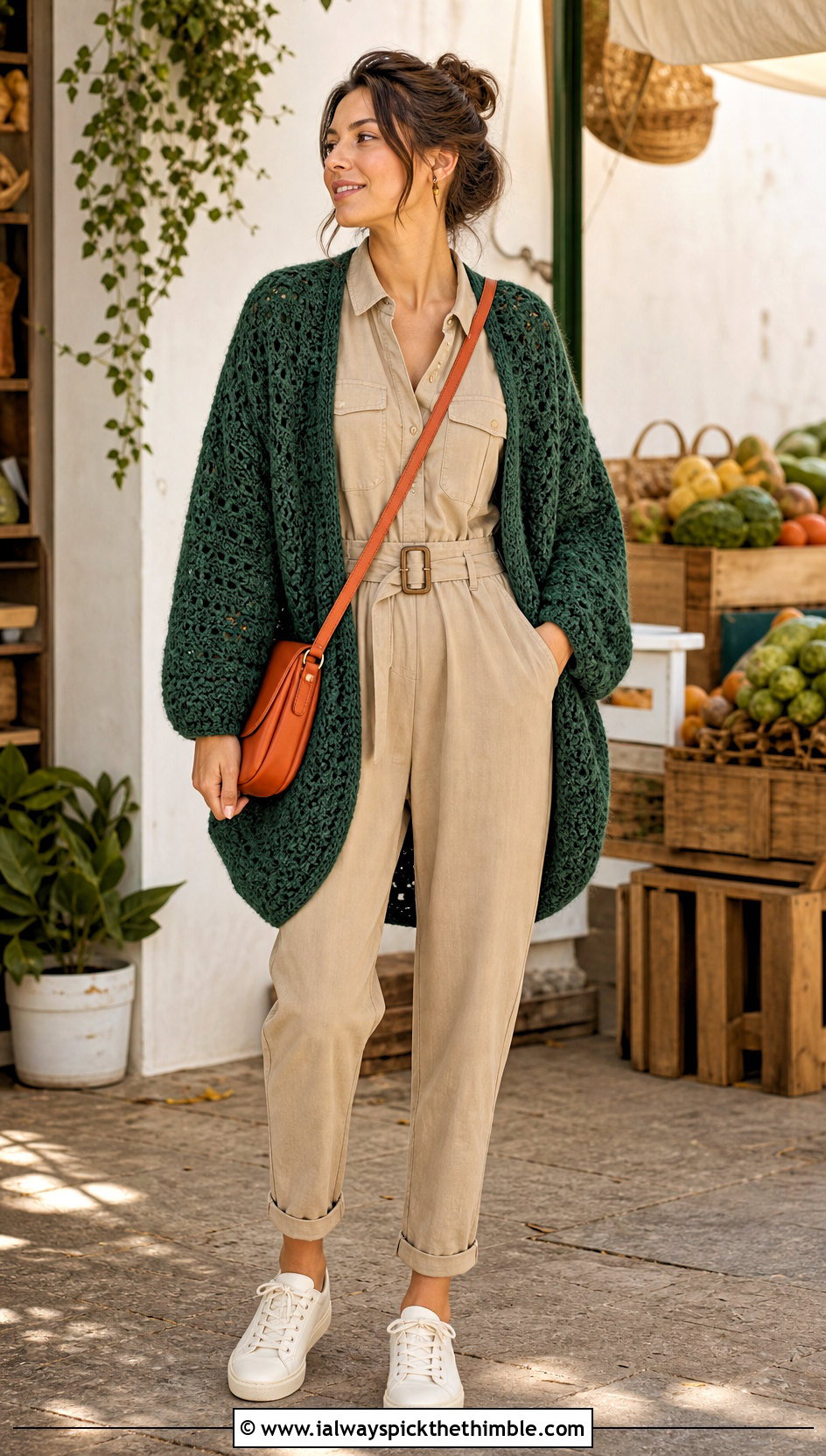 Cocoon Crochet Cardigan With Utility Jumpsuit - 20 crochet spring cardigan outfit ideas