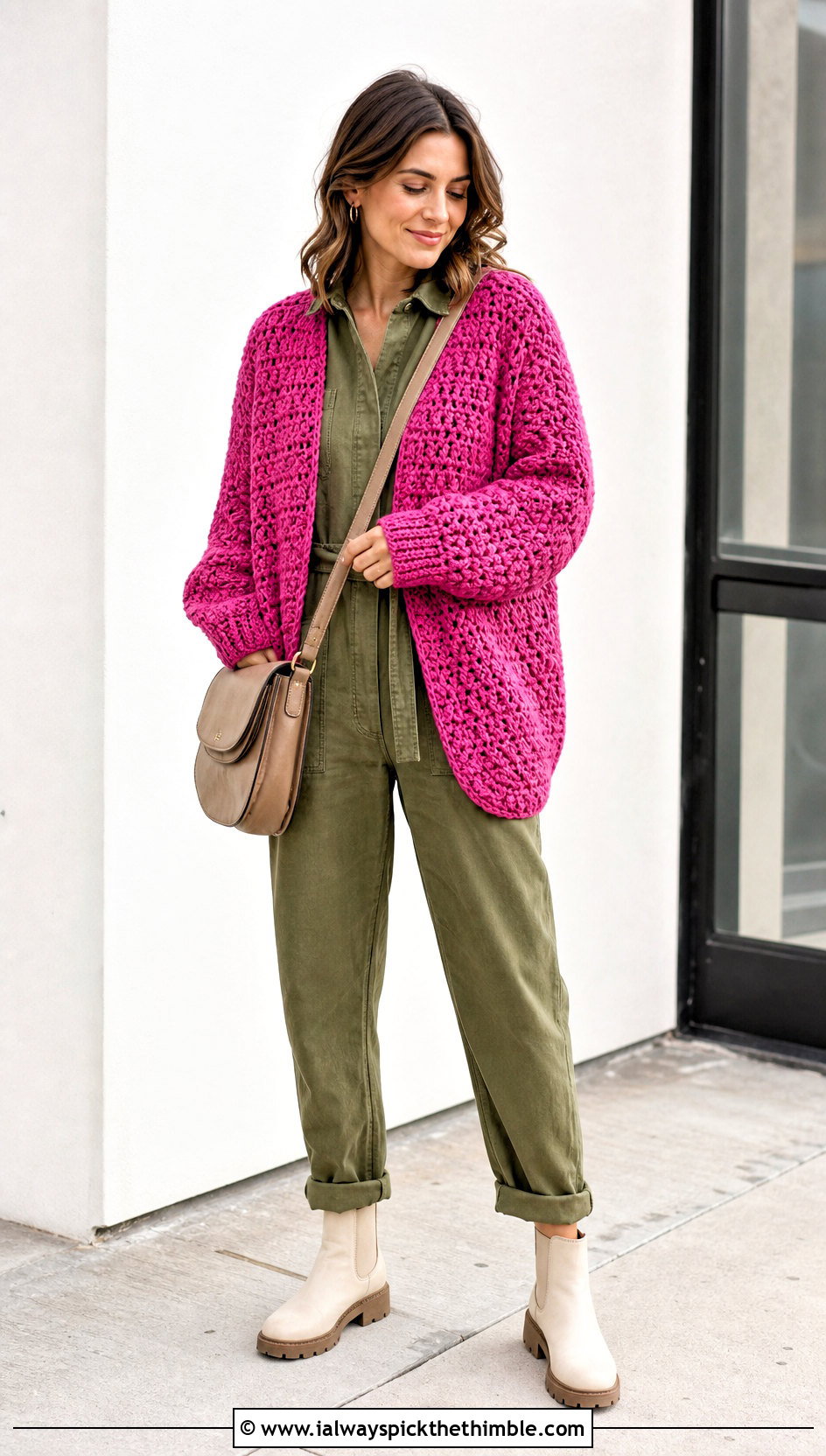 Cocoon Crochet Chenille Cardigan With Utility Jumpsuit - 20 crochet chenille cardigan outfit ideas