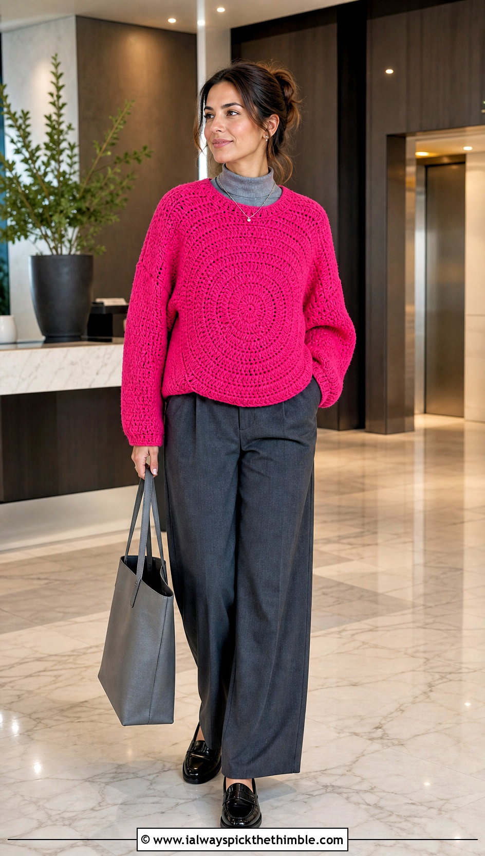 Cocoon Crochet Circle Sweater With Tailored Trousers - 20 crochet circle sweater outfit ideas