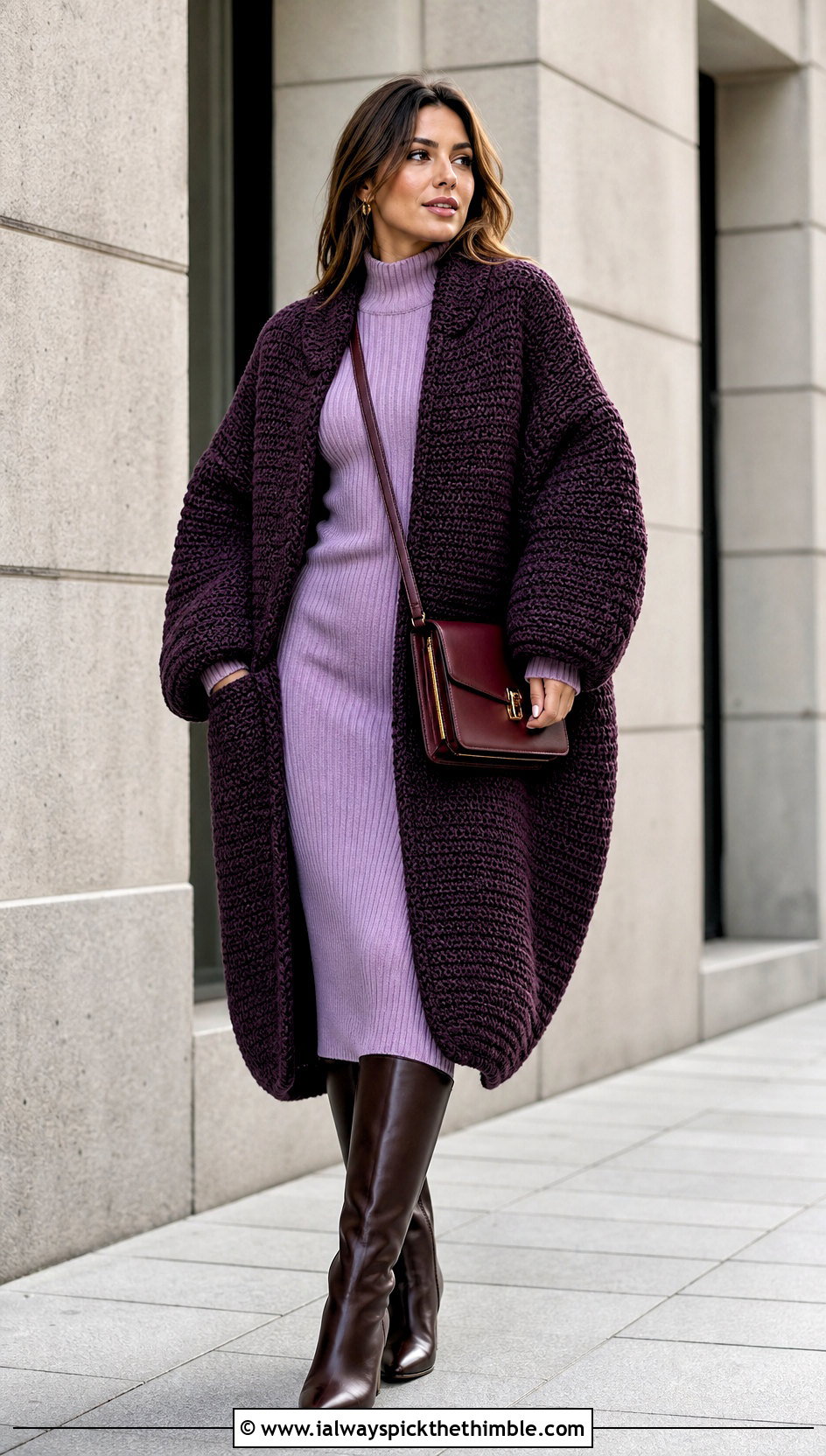 Cocoon Crochet Coat With Knit Dress - 15 stylish crochet coat design outfit ideas