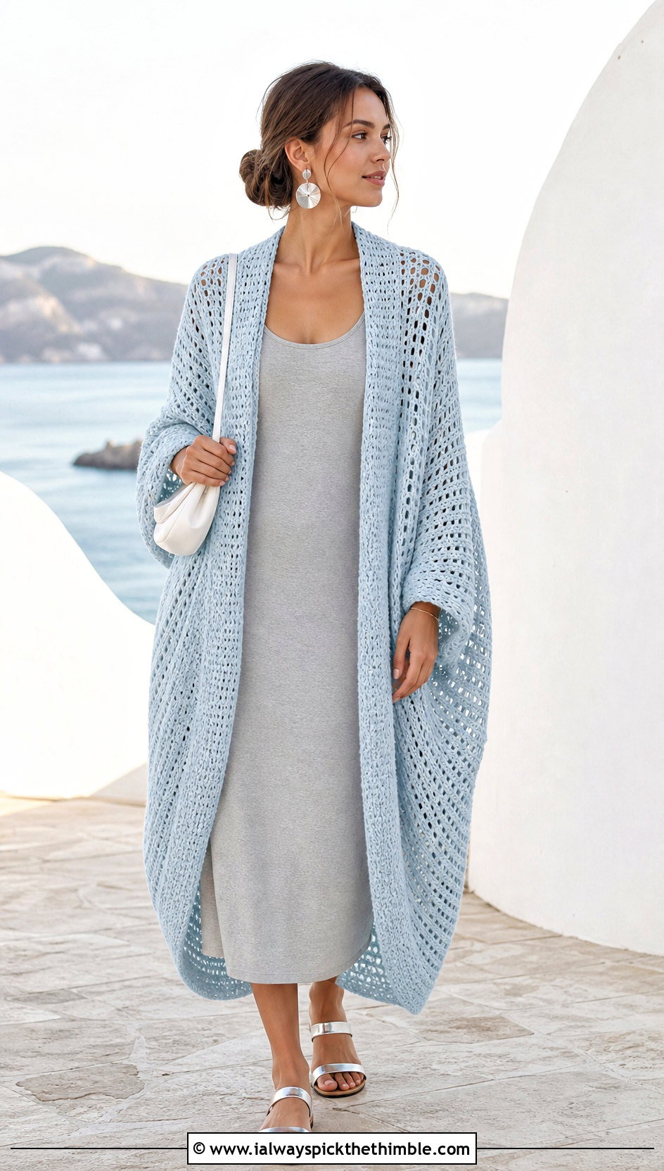 Cocoon Crochet Duster With Tank Dress And Flat Sandals - 20 Easy Crochet Duster outfit ideas