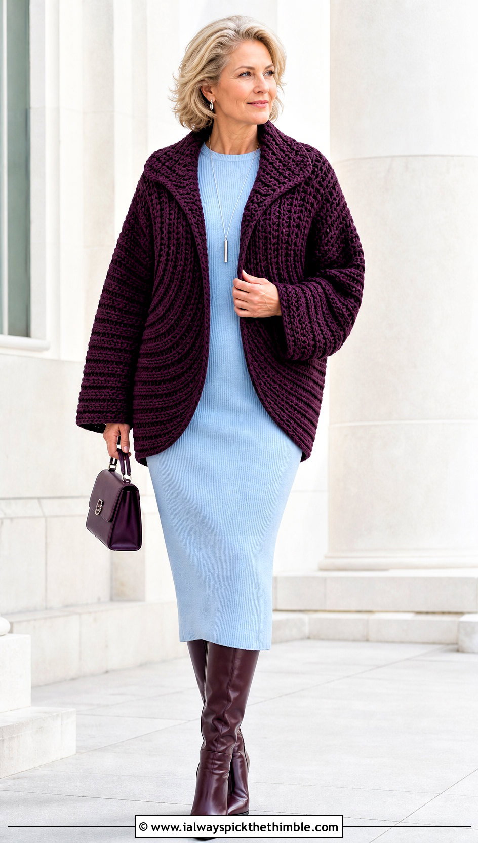 Cocoon Crochet Jacket With Knit Column Dress - 15 Colorful Crochet Jacket Design outfit ideas