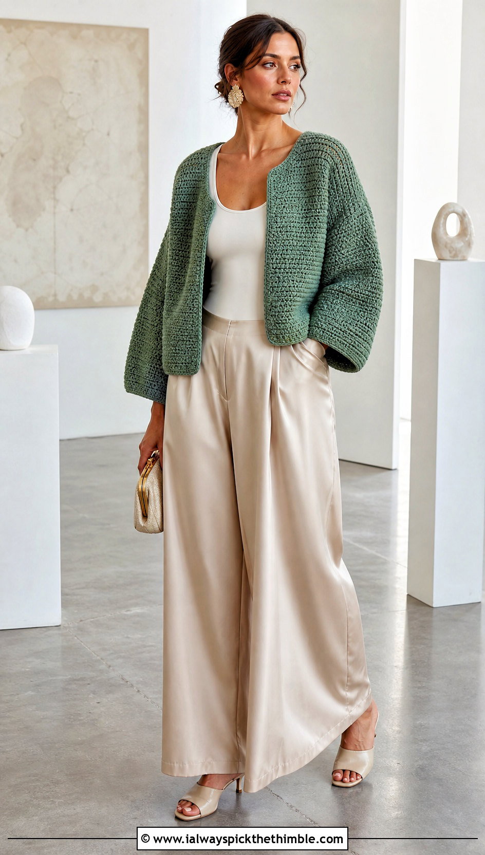 Cocoon Crochet Jacket With Satin Pants - 25 crochet jacket outfit ideas