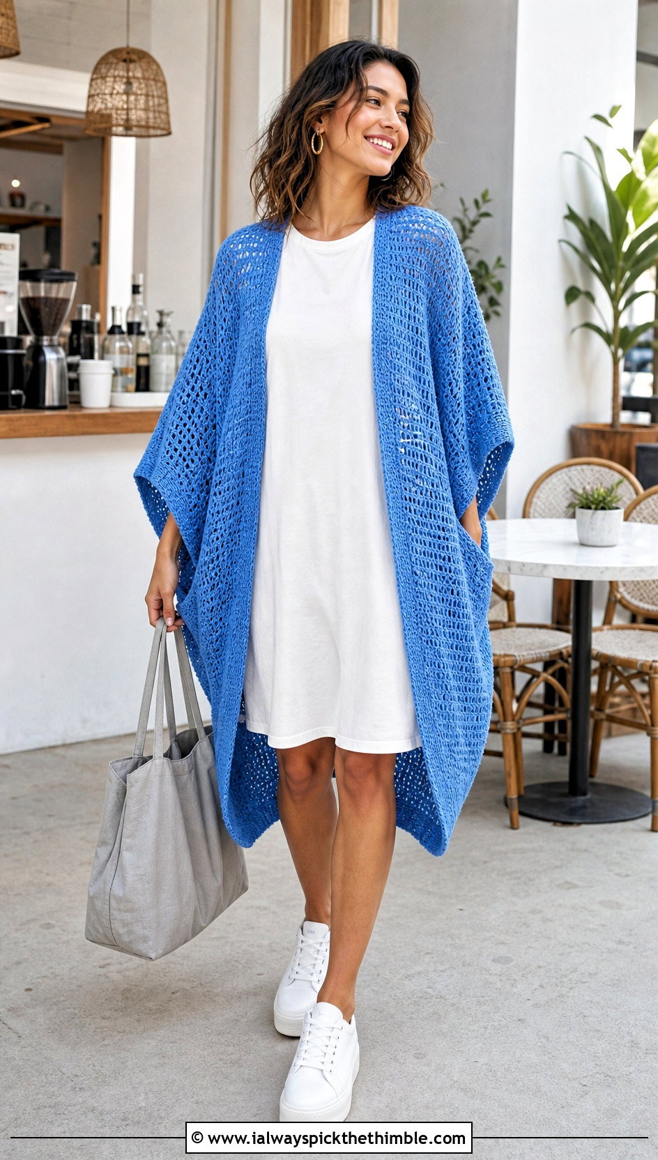 Cocoon Crochet Kimono With T Shirt Dress - 20 easy crochet kimono outfit ideas