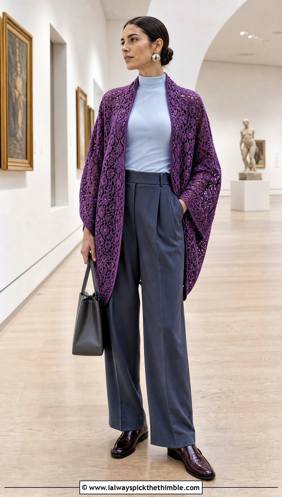 Cocoon Crochet Lace Kimono With Pleated Trousers - 20 crochet lace kimono outfit ideas