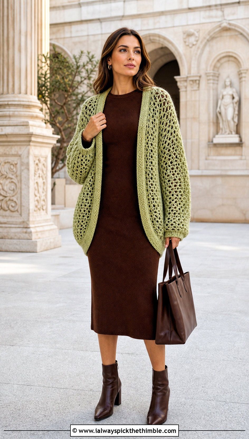 Cocoon Crochet Mesh Cardigan With Knit Midi Dress - 25 crochet mesh cardigan outfit ideas
