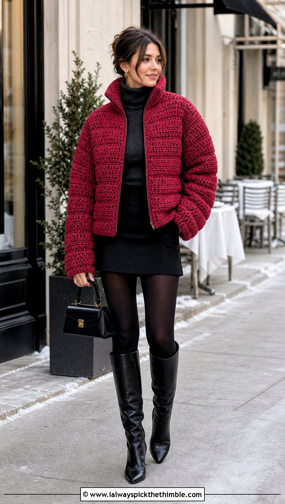 Cocoon Crochet Puffer Jacket With Mini Skirt And Tall Boots - 25 crochet puffer jacket outfit ideas